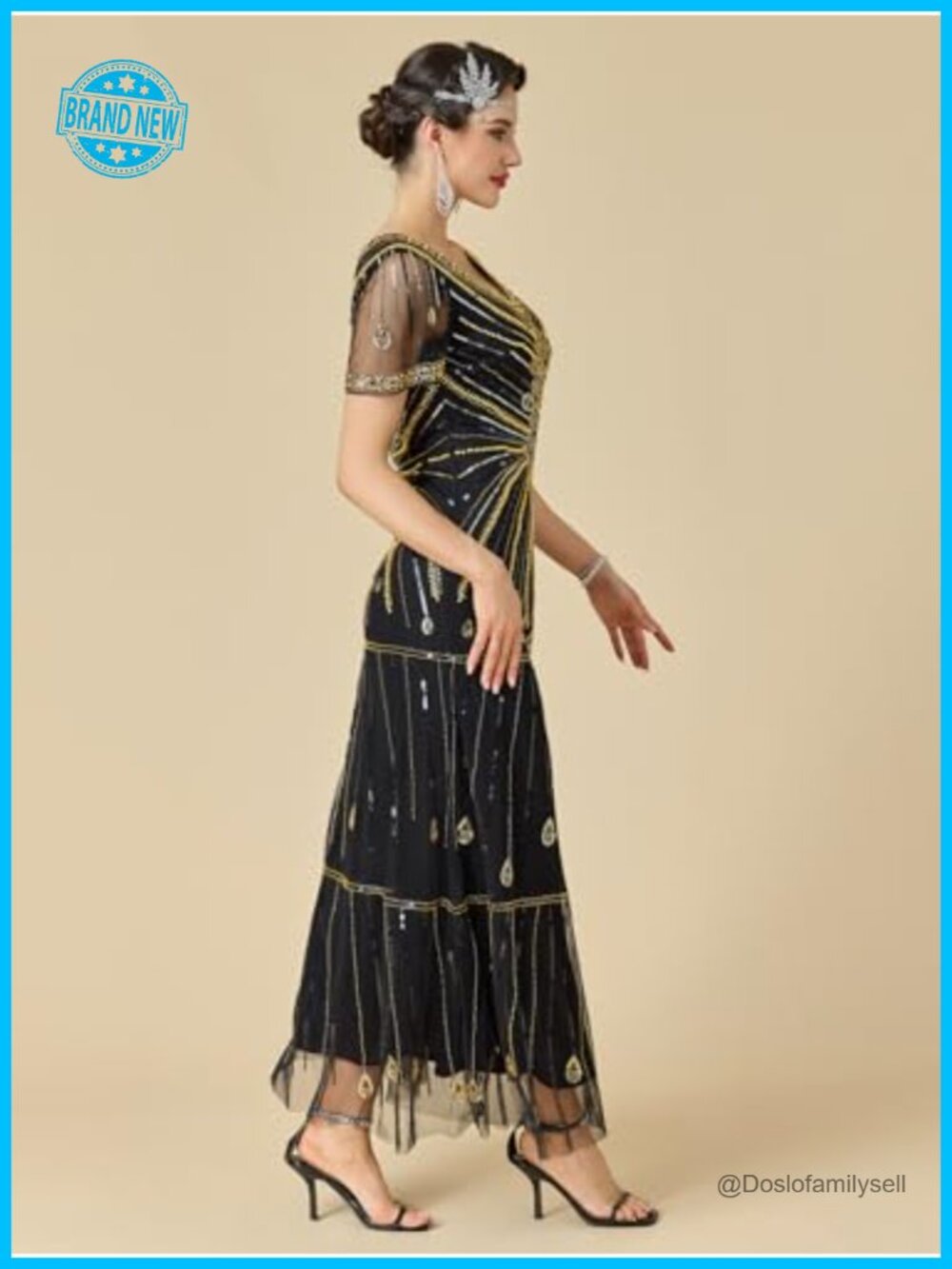 1920s Flapper Sequin Beaded V-Neck Maxi Evening Gown Formal Party - Picture 2 of 4